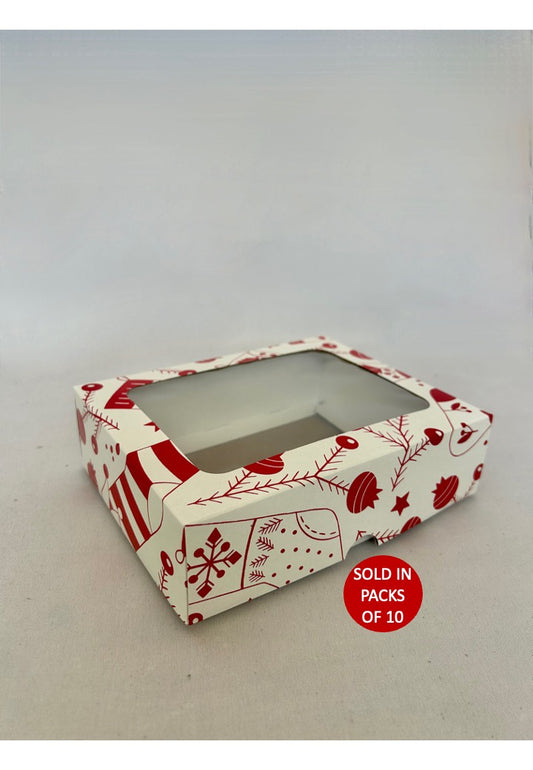 White Biscuit Box with Window (Red Tinsel Toes)175x135x50mm(Pack of 10)